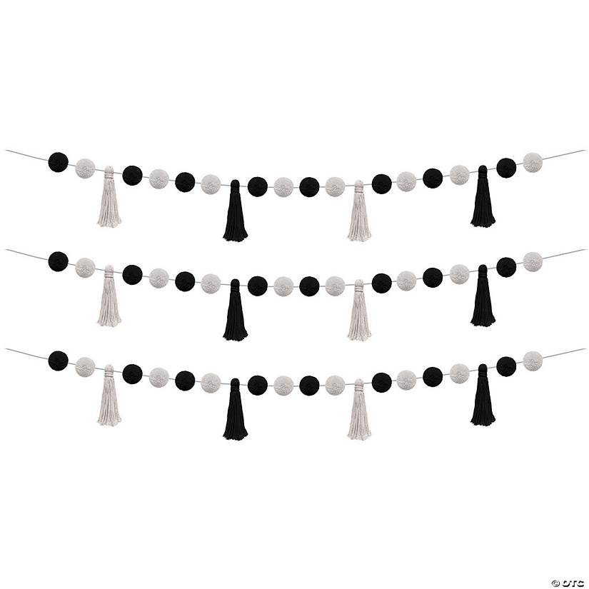 Teacher Created Resources Black and White Pom-Poms and Tassels Garland, Pack of 3 Image