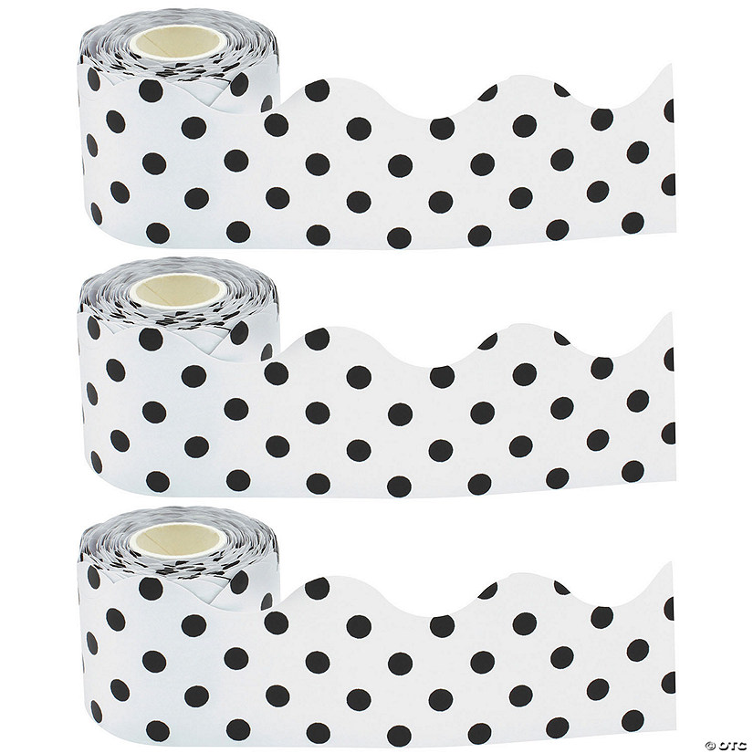Teacher Created Resources Black Polka Dots on White Scalloped Rolled Border Trim, 50 Feet Per Roll, Pack of 3 Image