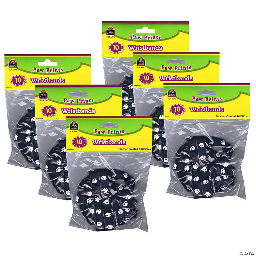 Teacher Created Resources Black with White Paw Prints Wristband Pack, 10 Per Pack, 6 Packs Image