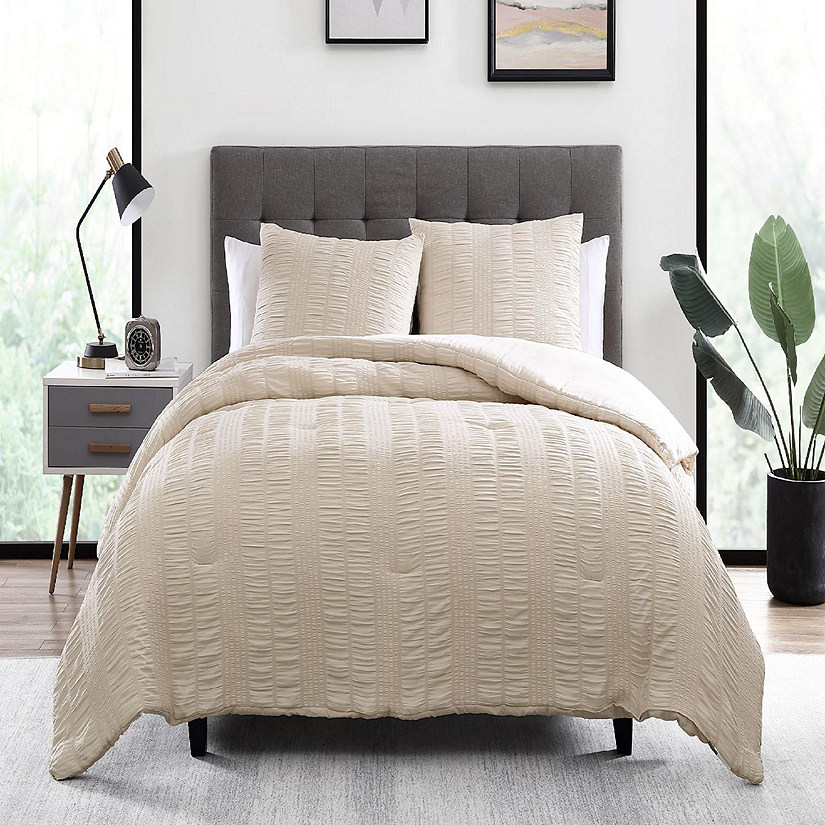 The Nesting Company Elm Stripe Seersucker Bedding Collection in King 3 Piece Comforter Set with 2 Pillow Shams in Taupe Image