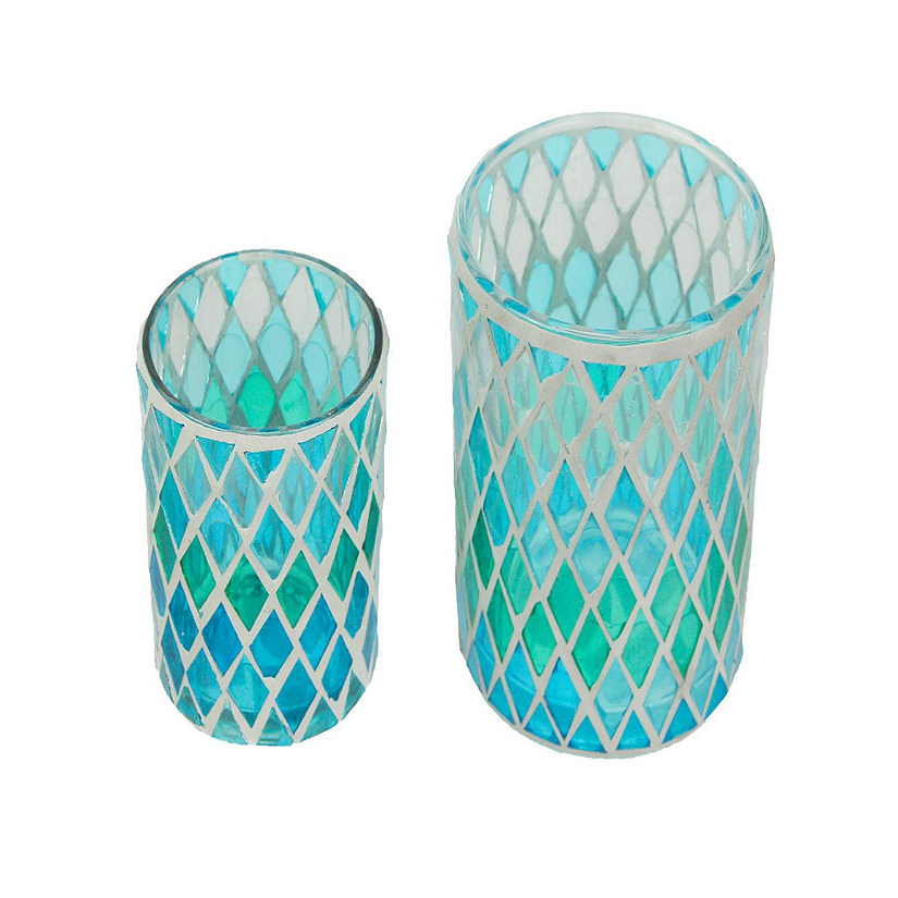 Things2Die4 Set of 2 Coastal Blue / Green Mosaic Glass Candle Holders Beach Decor Accent Image
