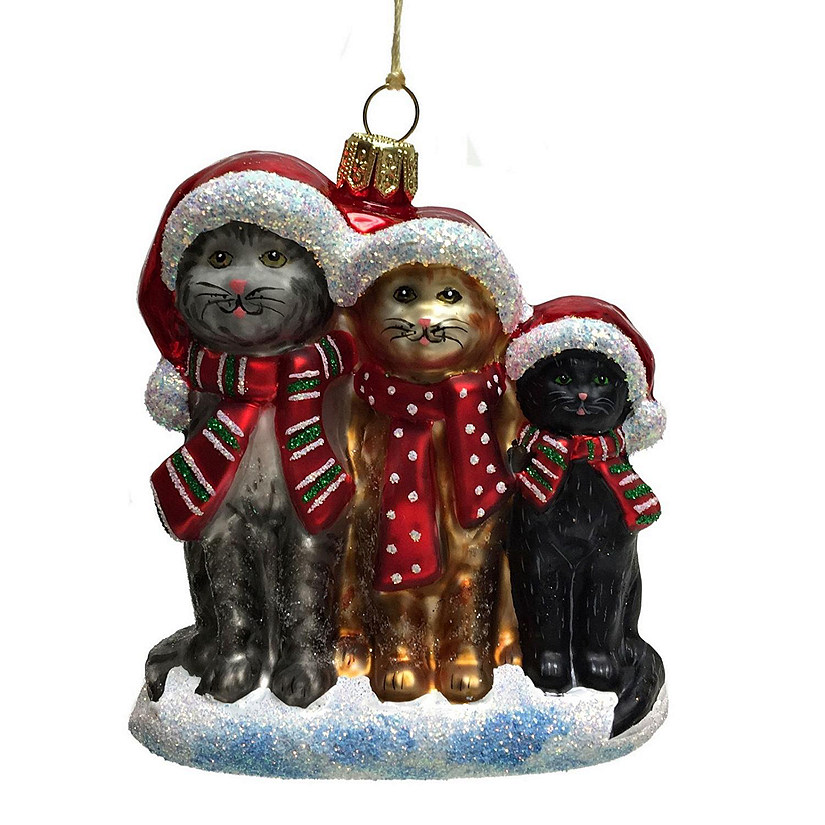 Three Cats Wearing Scarfs and Santa Hats Polish Glass Christmas Tree Ornament Image