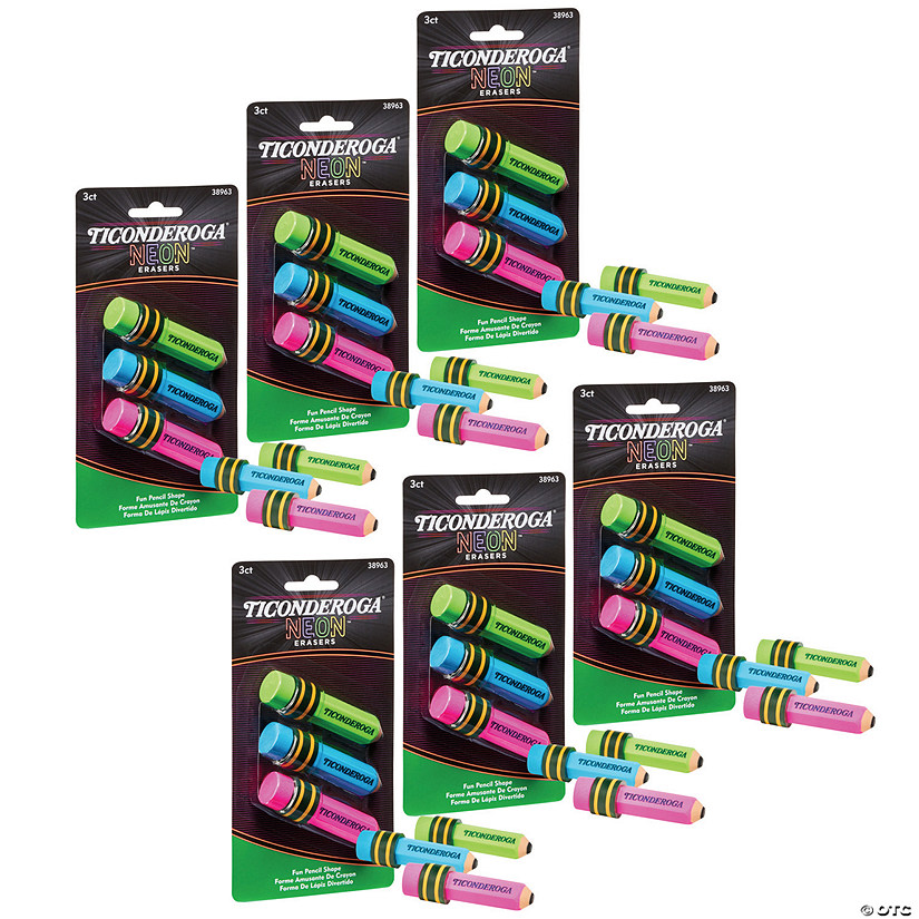 Ticonderoga Pencil Shaped Neon Erasers, 3 Per Pack, 6 Packs Image
