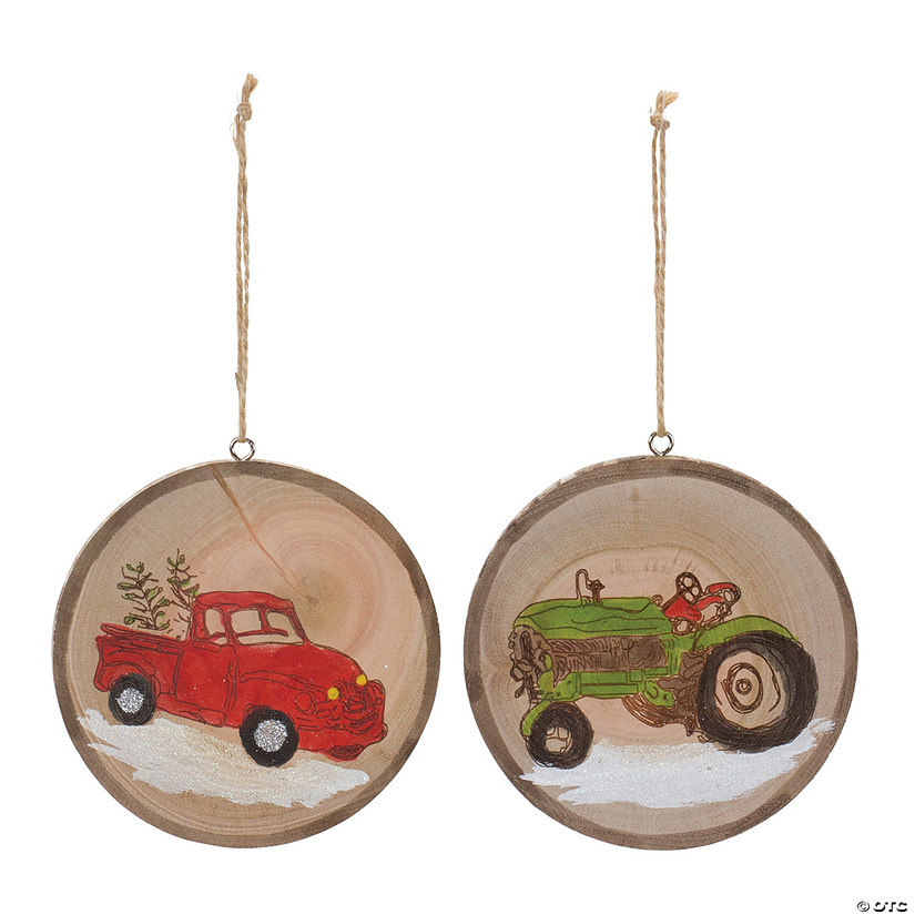 Tractor And Truck Disc Ornament (Set Of 12) 4"H Wood Image
