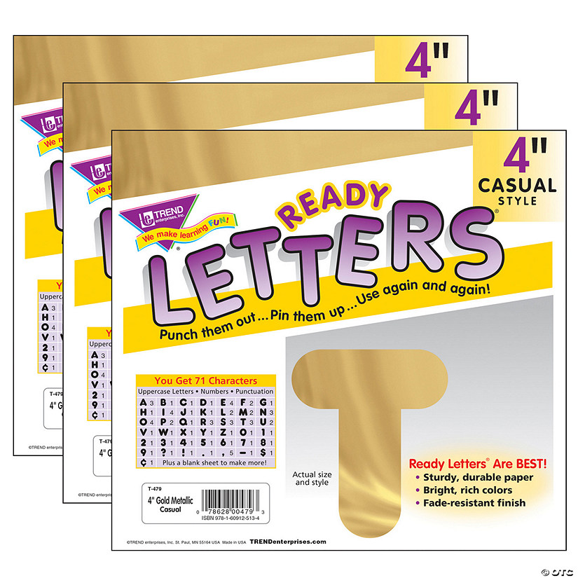 TREND Gold Metallic 4" Casual Uppercase Ready Letters, 71 Per Pack, 3 Packs Image