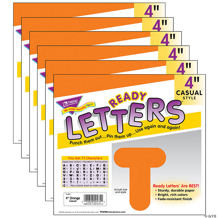 TREND Orange 4" Casual Uppercase Ready Letters, 6 Packs Image