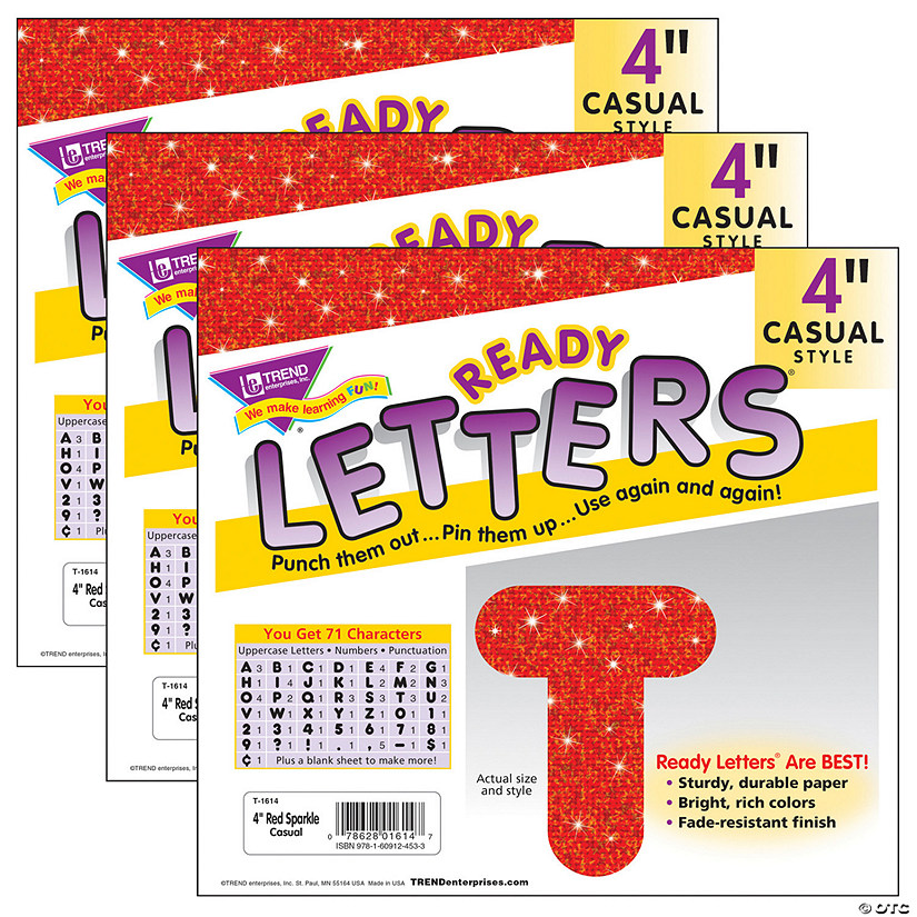 TREND Red Sparkle 4" Casual Uppercase Ready Letters, 3 Packs Image