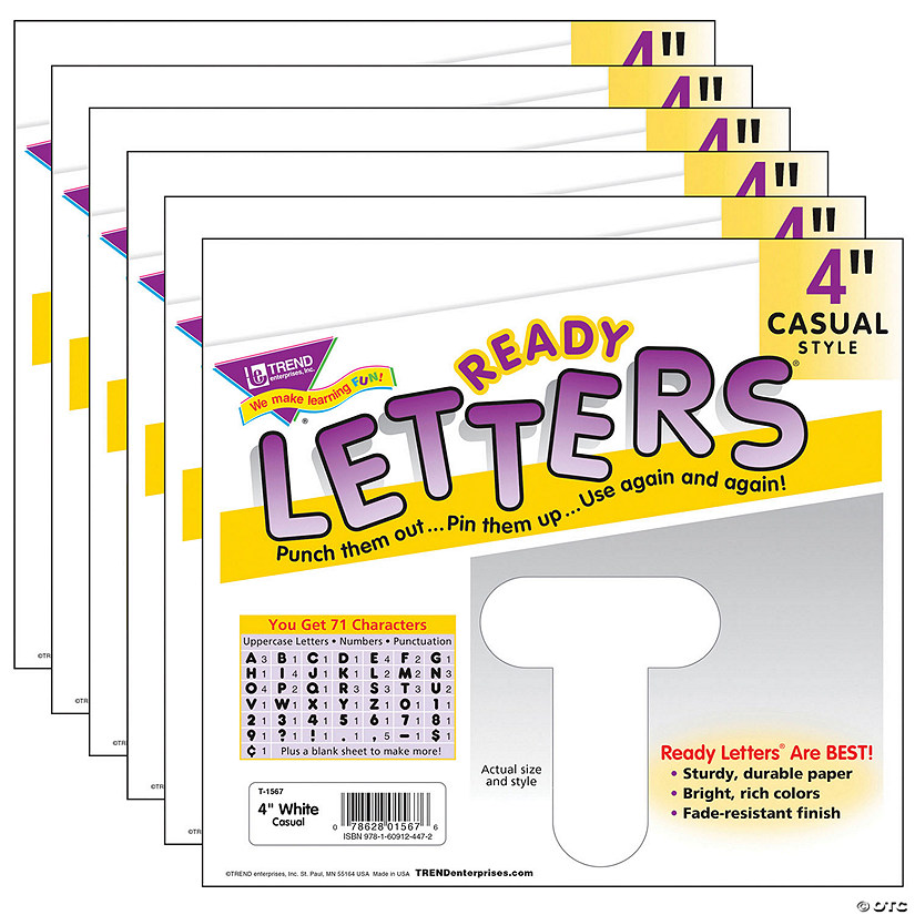 TREND White 4" Casual Uppercase Ready Letters, 6 Packs Image