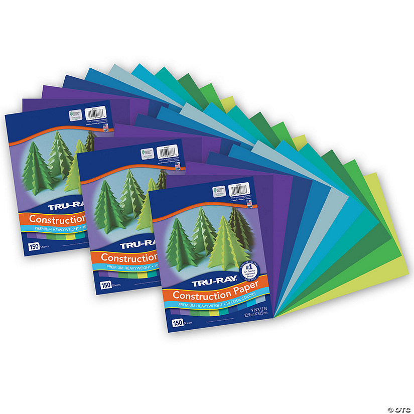 Tru-Ray Construction Paper, Cool Assorted, 9" x 12", 150 Sheets Per Pack, 3 Packs Image