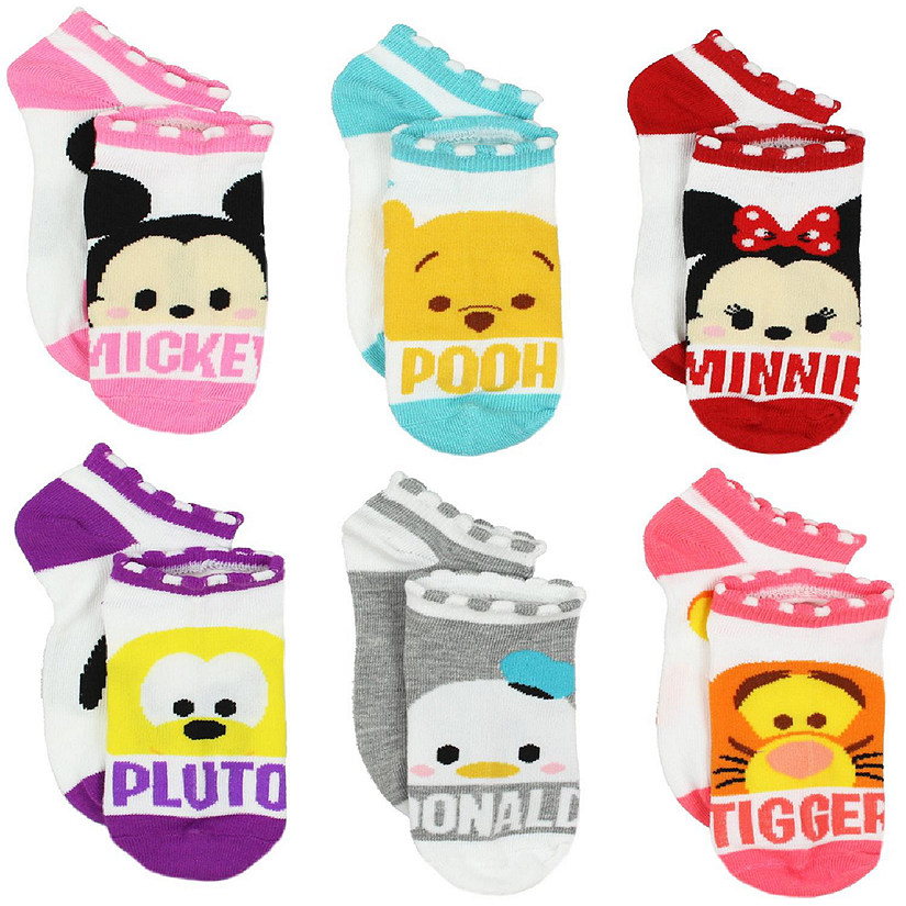 Tsum Tsum Girls Womens 6 pack Socks (Shoe Size: 10-4 (Sock: Medium 6-8), Names White/Multi) Image
