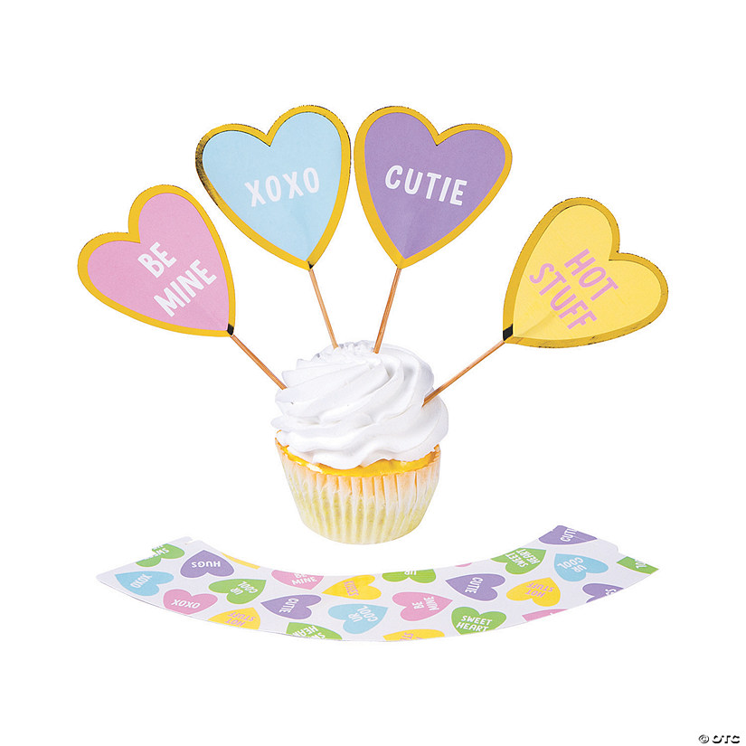 Valentine Conversation Heart Cupcake Wrappers with Picks - 24 Pc. Image