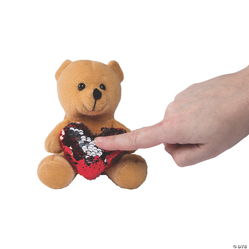 Valentine&#8217;s Day Red Reversible Sequin Heart Stuffed Bears - 12 Pc. Image