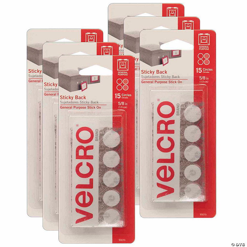 VELCRO Sticky Back Round Fasteners, 0.63", White, 15 Per Pack, 6 Packs Image