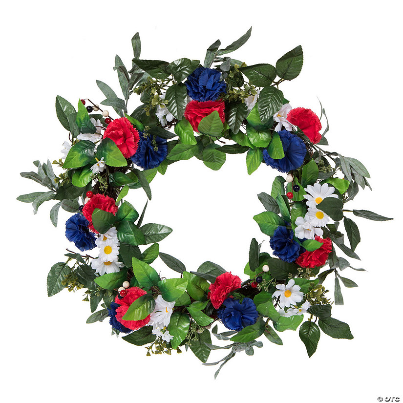 Vickerman 22" Artificial Mixed Floral Wreath With Red, White, And Blue Flowers and Berries Image