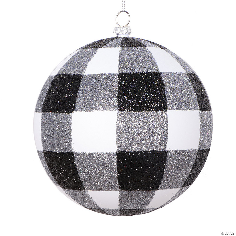 Vickerman 4.7" White Black Plaid Glitter Ball Ornament, 3 per bag. Image