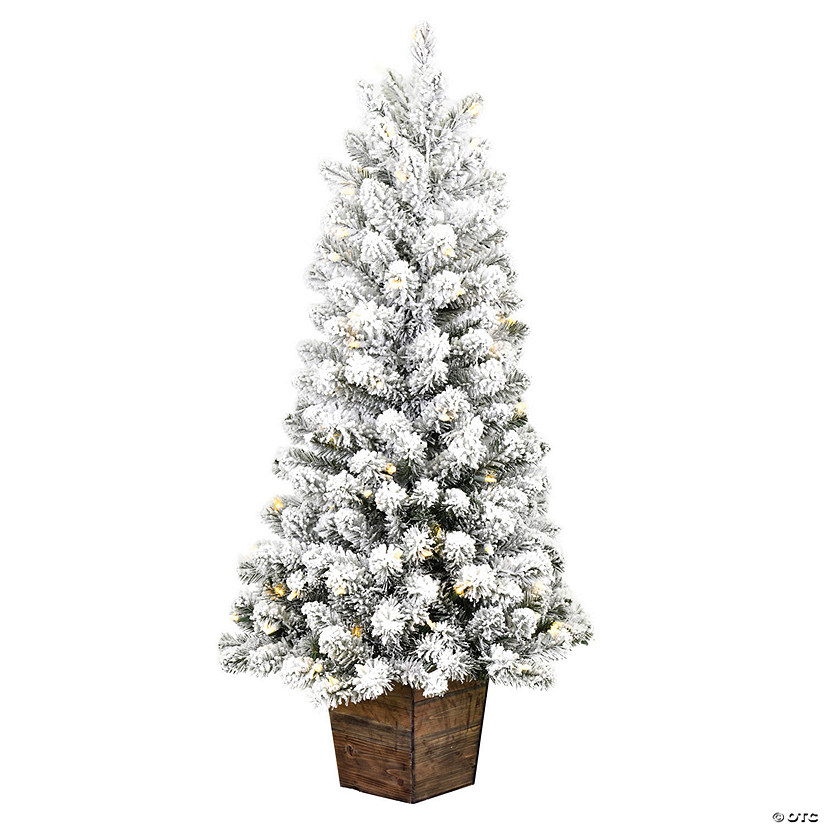 Vickerman 4' Flocked Gifford Slim Potted Pine Artificial Christmas Tree, Warm White Dura-lit LED Lights Image
