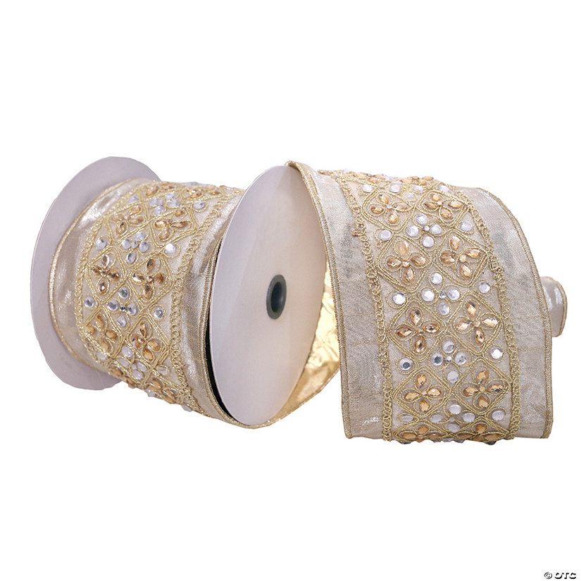 Vickerman 4" Proper 5 Yards Champagne-Silver-Gold Jeweled Wired Edge Christmas Ribbon. Image
