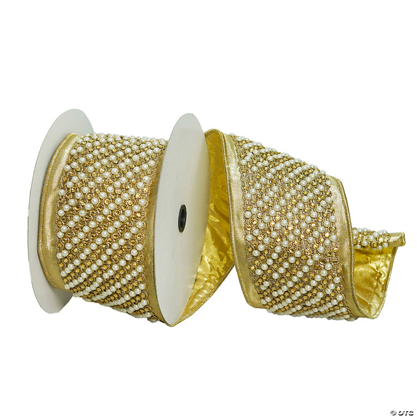 Vickerman 4" Proper 5 Yards Gold Jewel Pearls Wired Edge Christmas Ribbon. Image