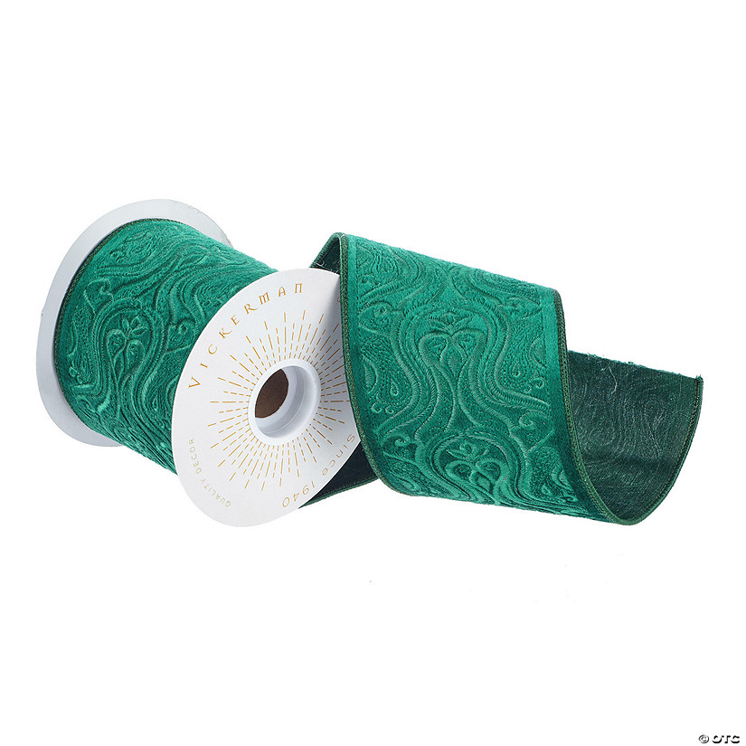 Vickerman 4" Proper 5 Yards Teal Green Embroidery Wired Edge Christmas Ribbon. Image