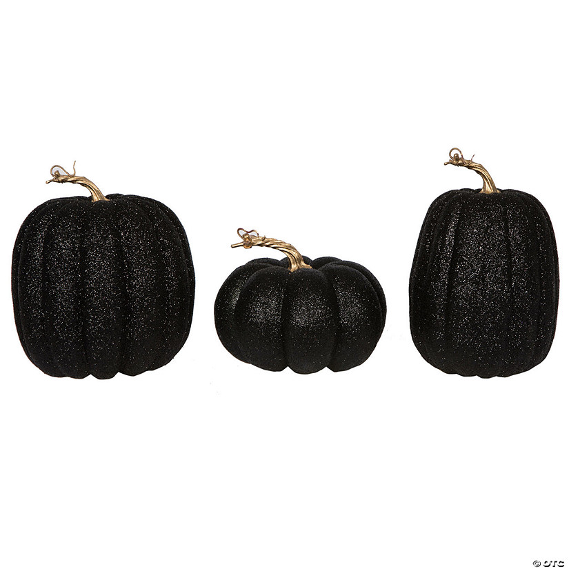 Vickerman 8" Black Pumpkins Assorted Set of 3. Three pieces assorted, sizes: 9"(W) x 8"(H),7.5"(W) x 8"(H), 6.25"(W) x 8"(H). Fabric pumpkin with styrofoam inner. Image