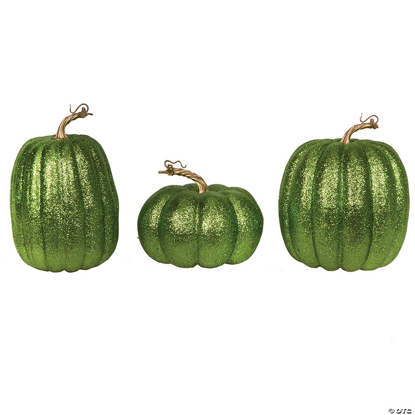 Vickerman 8" Lime Pumpkins Assorted Set of 3. Three pieces assorted, sizes: 9"(W) x 8"(H),7.5"(W) x 8"(H), 6.25"(W) x 8"(H). Fabric pumpkin with styrofoam inner. Image
