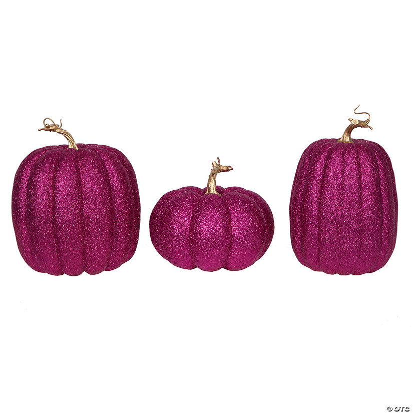 Vickerman 8" Pink Pumpkins Assorted Set of 3. Three pieces assorted, sizes: 9"(W) x 8"(H),7.5"(W) x 8"(H), 6.25"(W) x 8"(H). Fabric pumpkin with styrofoam inner. Image