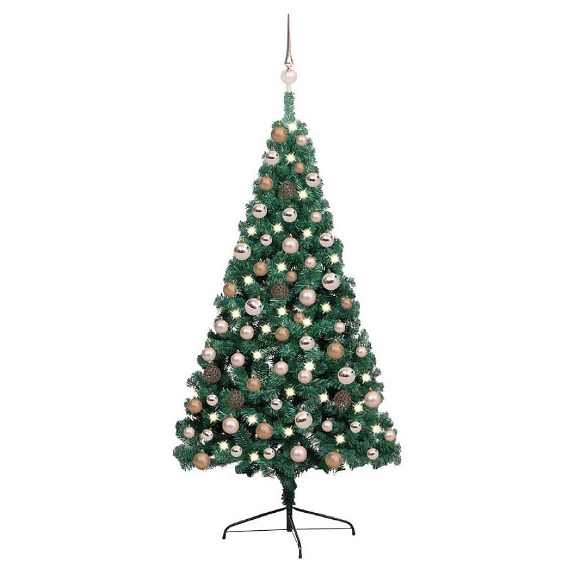 VidaXL 4' Green Artificial Half Christmas Tree with LED Lights & Stand & 61pc Gold Ornament Set Image