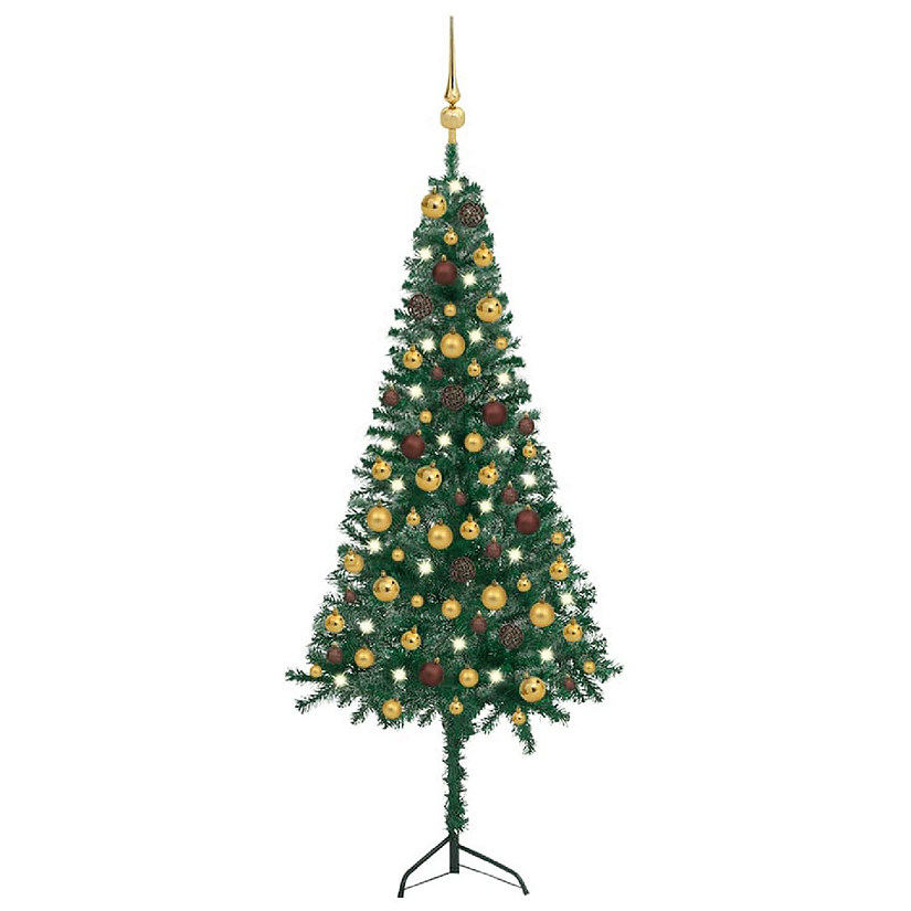 vidaXL 4' Green Corner Artificial Christmas Tree with LED Lights & 61pc Gold/Bronze Ornament Set Image