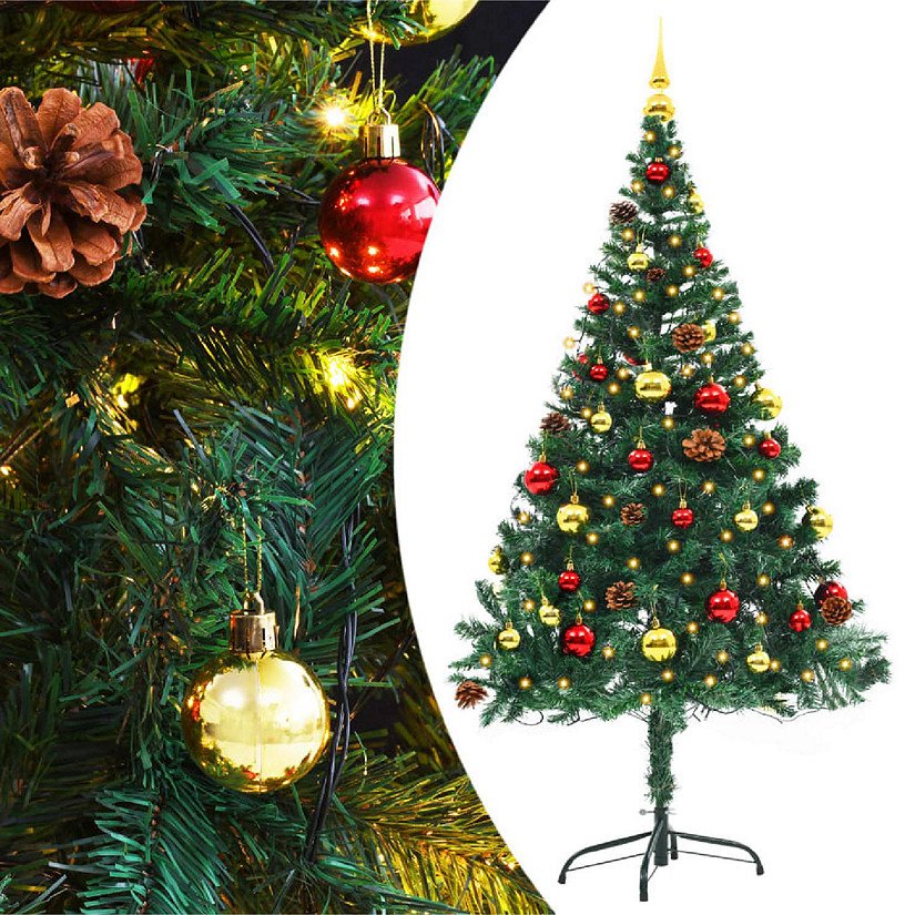 VidaXL 5' Green Artificial Christmas Tree with LED Lights & 40pc Gold/Red Bauble Set Image