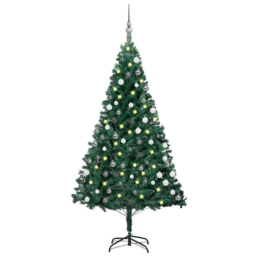 VidaXL 5' Green Artificial Christmas Tree with LED Lights & 61pc White/Gray Ornament Set Image