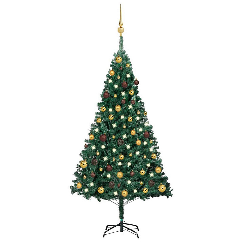 VidaXL 5' Green PVC Artificial Christmas Tree with LED Lights & Gold/Bronze Ornament Set Image