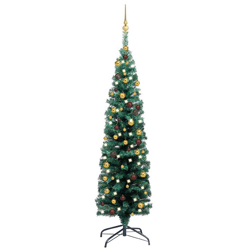 vidaXL 5' Green PVC/Steel/Plastic Slim Artificial Christmas Tree with 150pc LED Lights & 61pc Gold/Bronze Ornament Set Image