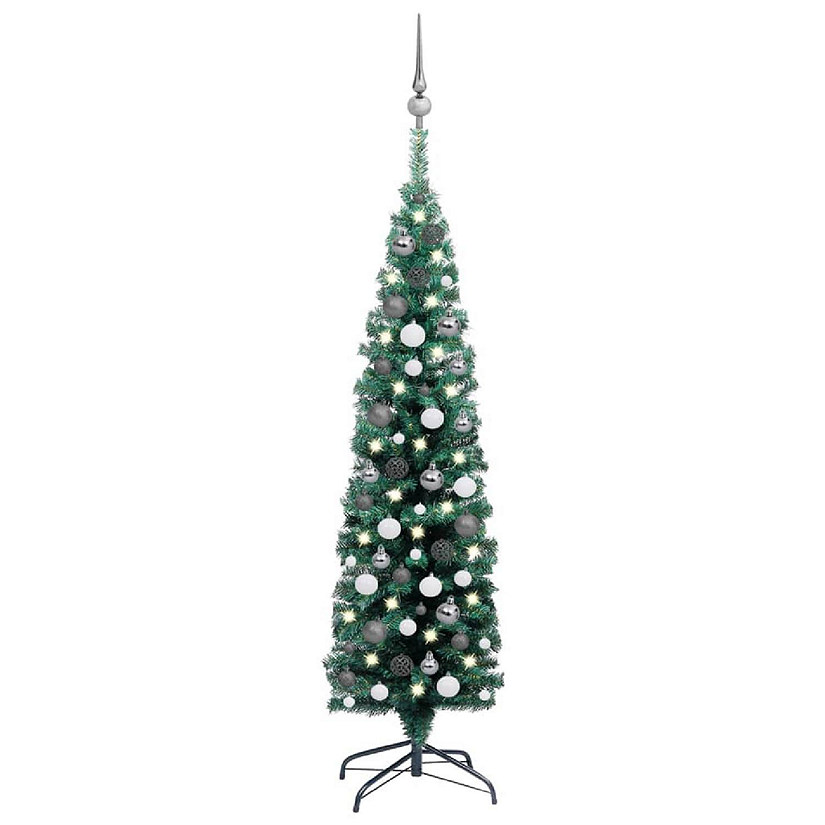 vidaXL 5' Green Slim Artificial Christmas Tree with LED Lights & 61pc White/Gray Ornament Set Image
