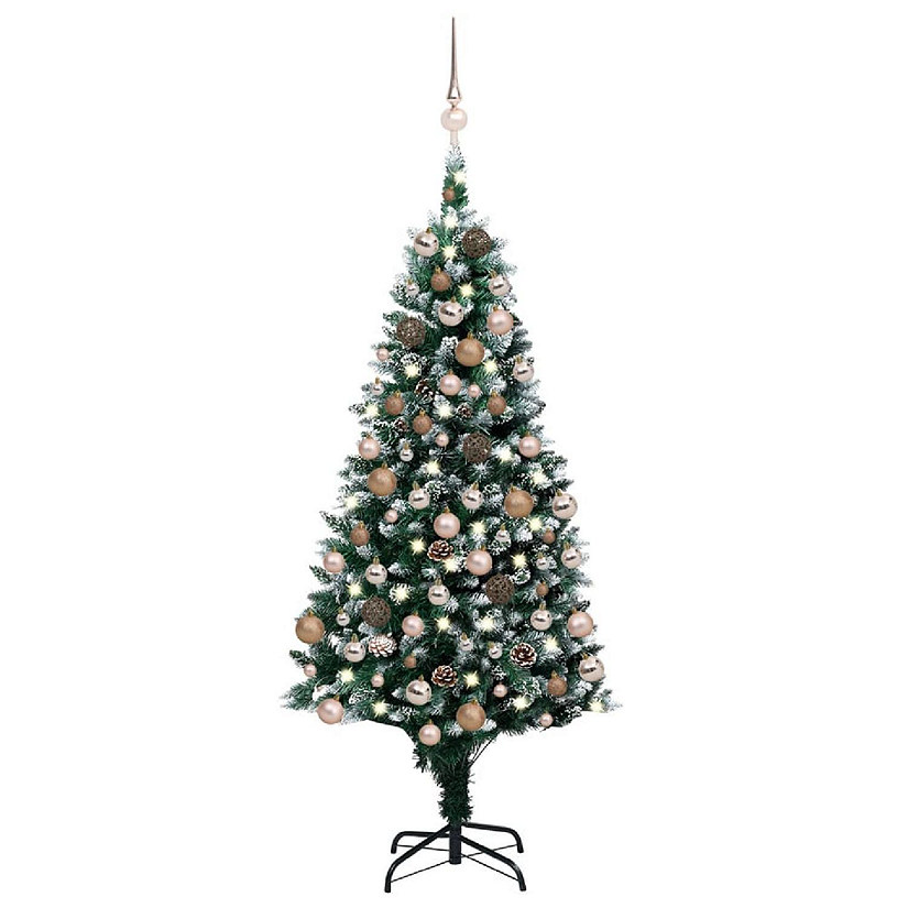 VidaXL 5' Green/White Artificial Christmas Tree with LED Lights & 61pc Gold Ornament Set Image