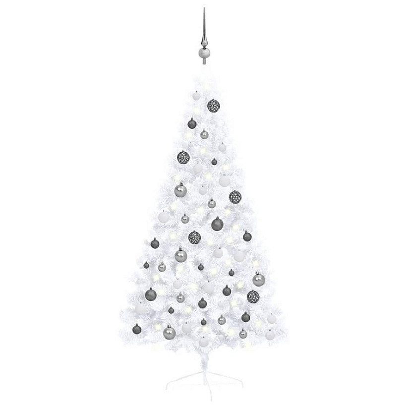 VidaXL 5' White Artificial Half Christmas Tree with LED Lights & Stand & 61pc White/Gray Ornament Set Image