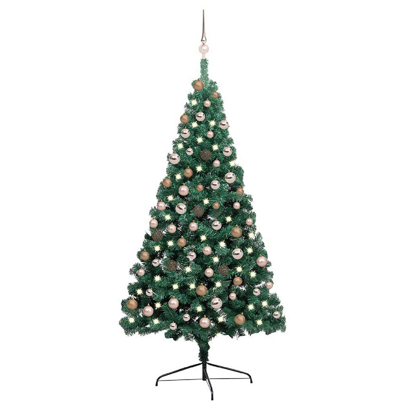 VidaXL 6' Green Artificial Half Christmas Tree with LED Lights & Stand & 61pc Gold Ornament Set Image