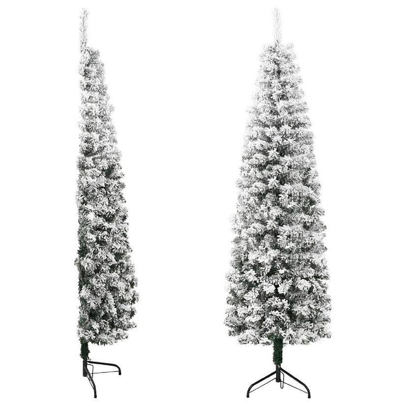 vidaXL 6' Green/White Slim Artificial Half Christmas Tree with Flocked Snow Image