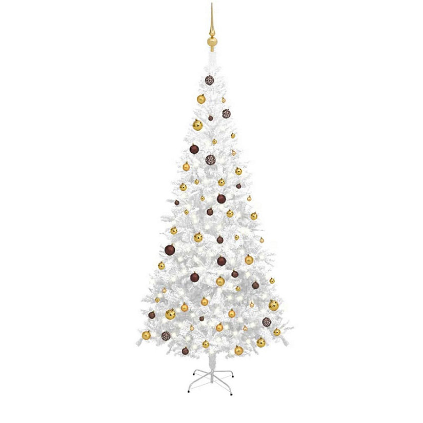 VidaXL 8' White Artificial Christmas Tree with LED Lights & 120pc Gold/Bronze Ornament & 1300pc Branch Set Image