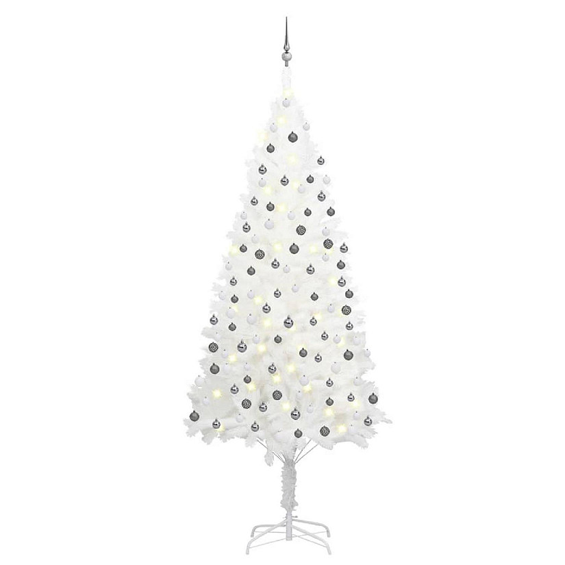 VidaXL 8' White Artificial Christmas Tree with LED Lights & 120pc White/Gray Ornament Set Image