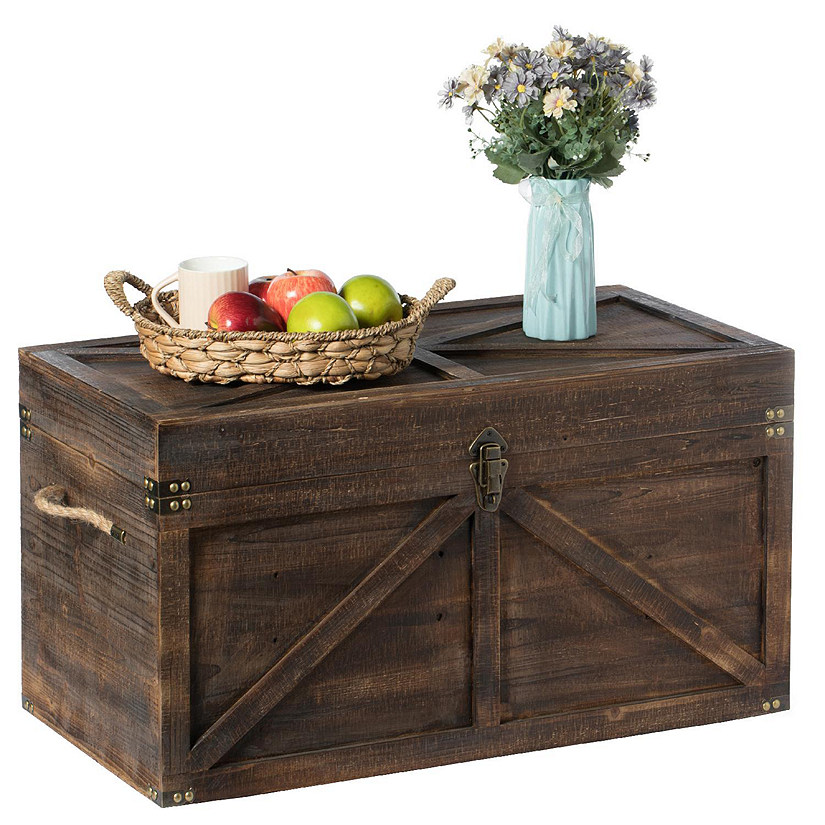 Vintiquewise Brown Large Wooden Lockable Trunk Farmhouse Style Rustic Design Lined Storage Chest with Rope Handles Image