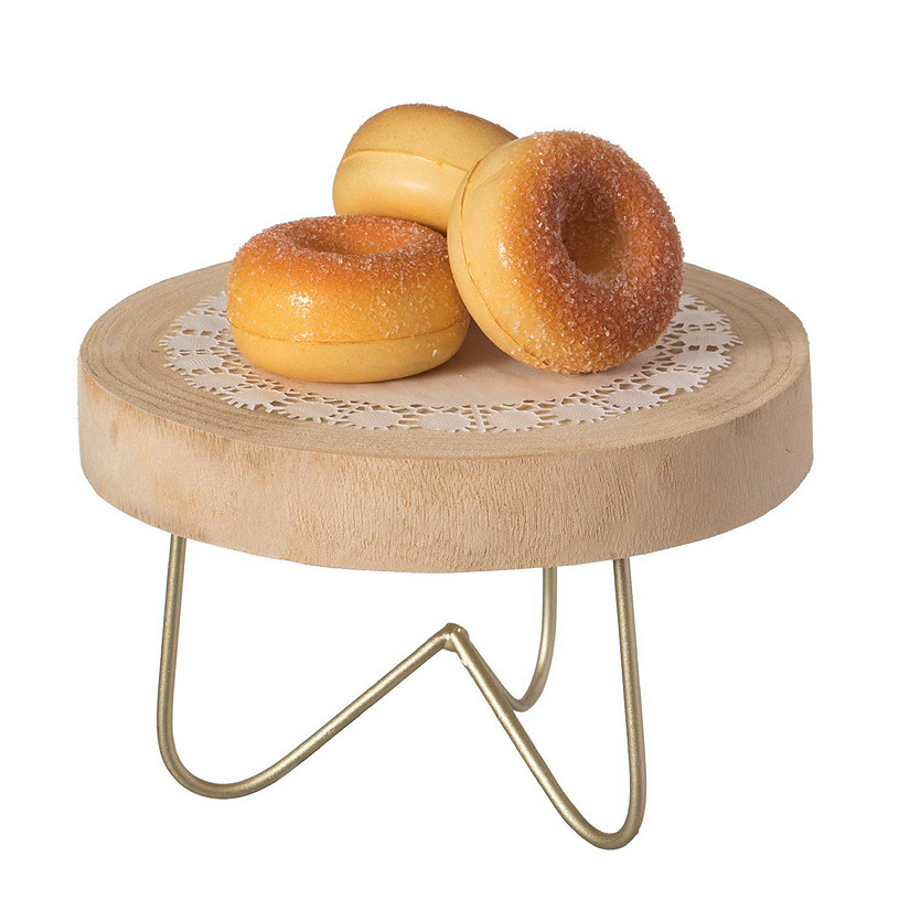 Vintiquewise Decorative Natural Round Wood Tree Slice Serving Tray with Gold Metal Stand Image