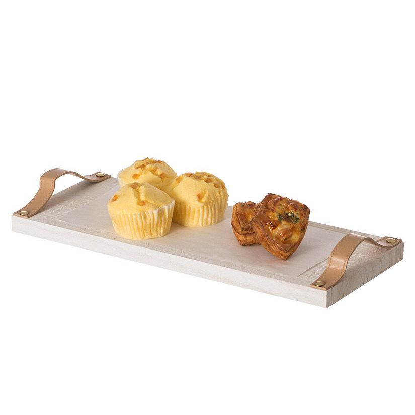 Vintiquewise Decorative Natural Wooden Rectangular Tray Serving Board with Brown Leather Handles Image