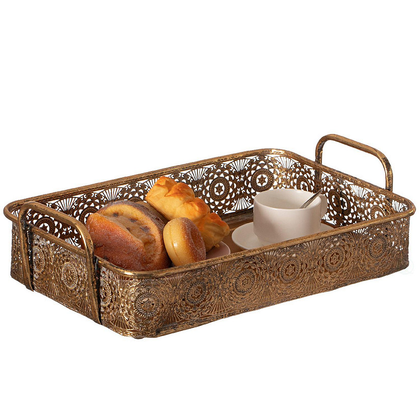 Vintiquewise Metal Gold Rectangular Serving Tray with Oval Design and Handles, Medium Image