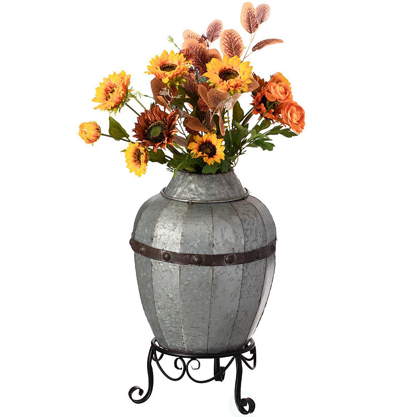 Vintiquewise Rustic Silver Galvanized Barrel Shape Planter and Vase with Metal Stand Image
