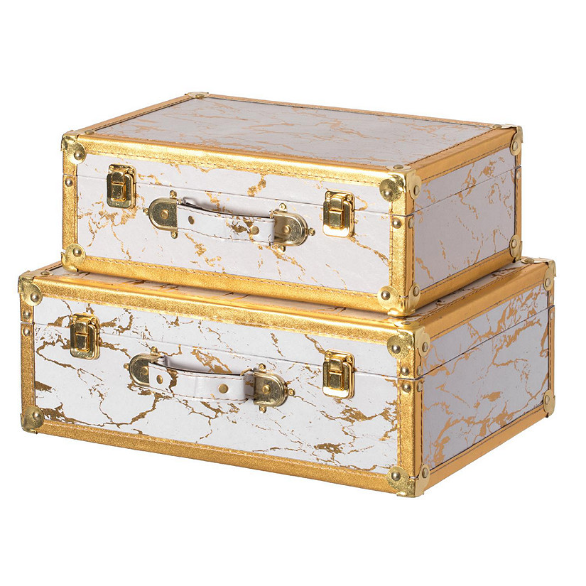 Vintiquewise Set of 2 Luxury Marble White and Gold Hand Luggage Suitcase for Decor Image