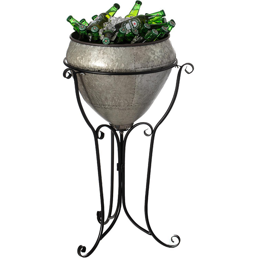 Vintiquewise Silver Galvanized Metal Beverage Cooler Tub with Liner and Stand, Large Image