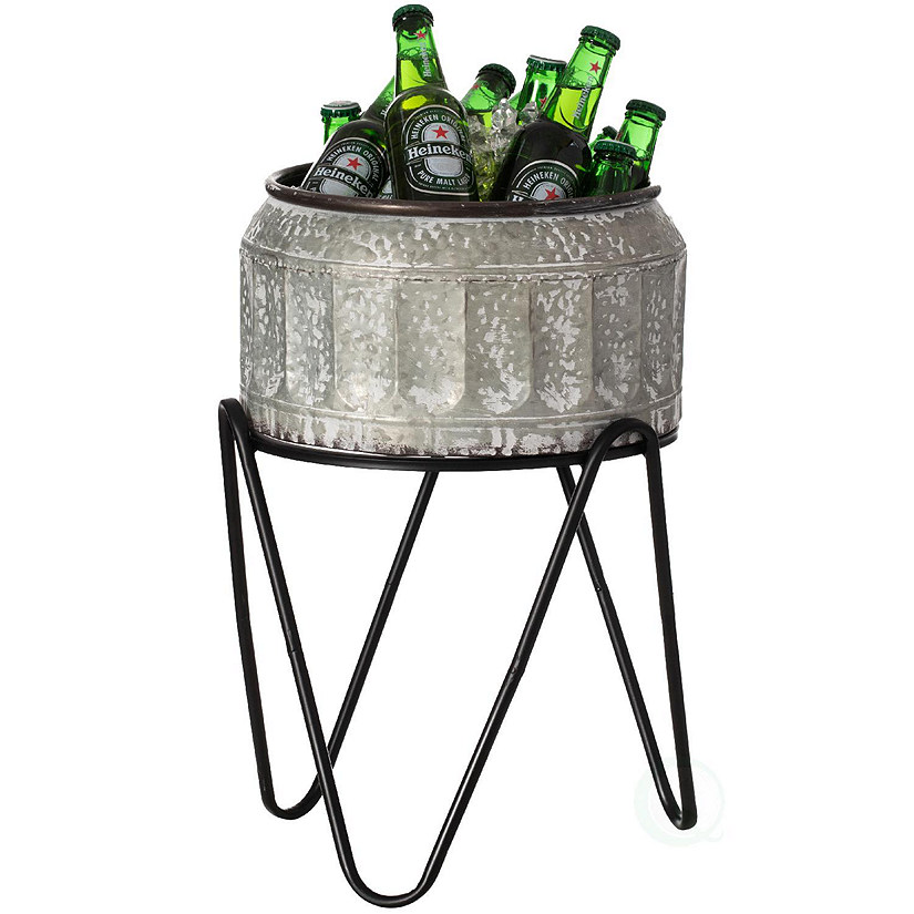 Vintiquewise Silver Galvanized Metal Ice Bucket Beverage Cooler Tub with Stand, Medium Image