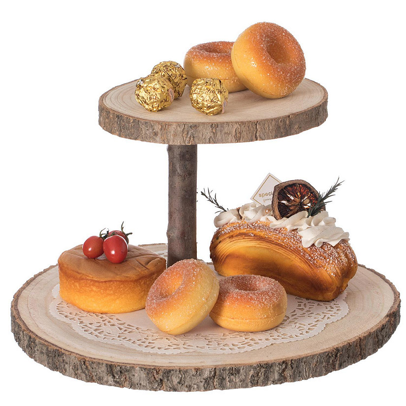 Vintiquewise Two Tier Natural Wood Color Tree Bark Server Tray with Rustic Appeal, Two Sizes Trays Image
