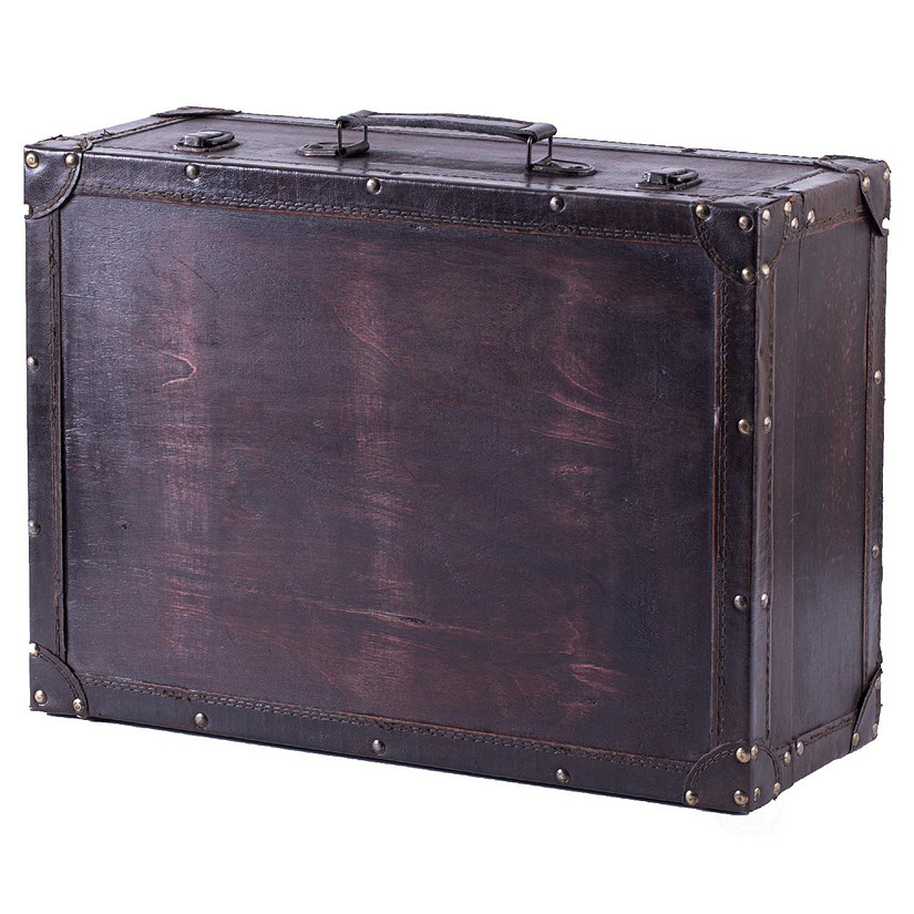 Vintiquewise Vintage Style Brown Wooden Suitcase with Leather Trim Image