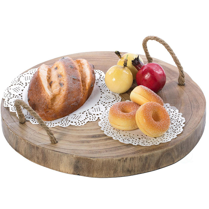Vintiquewise Wood Round Tray Serving Platter Board with Rope Handles Image